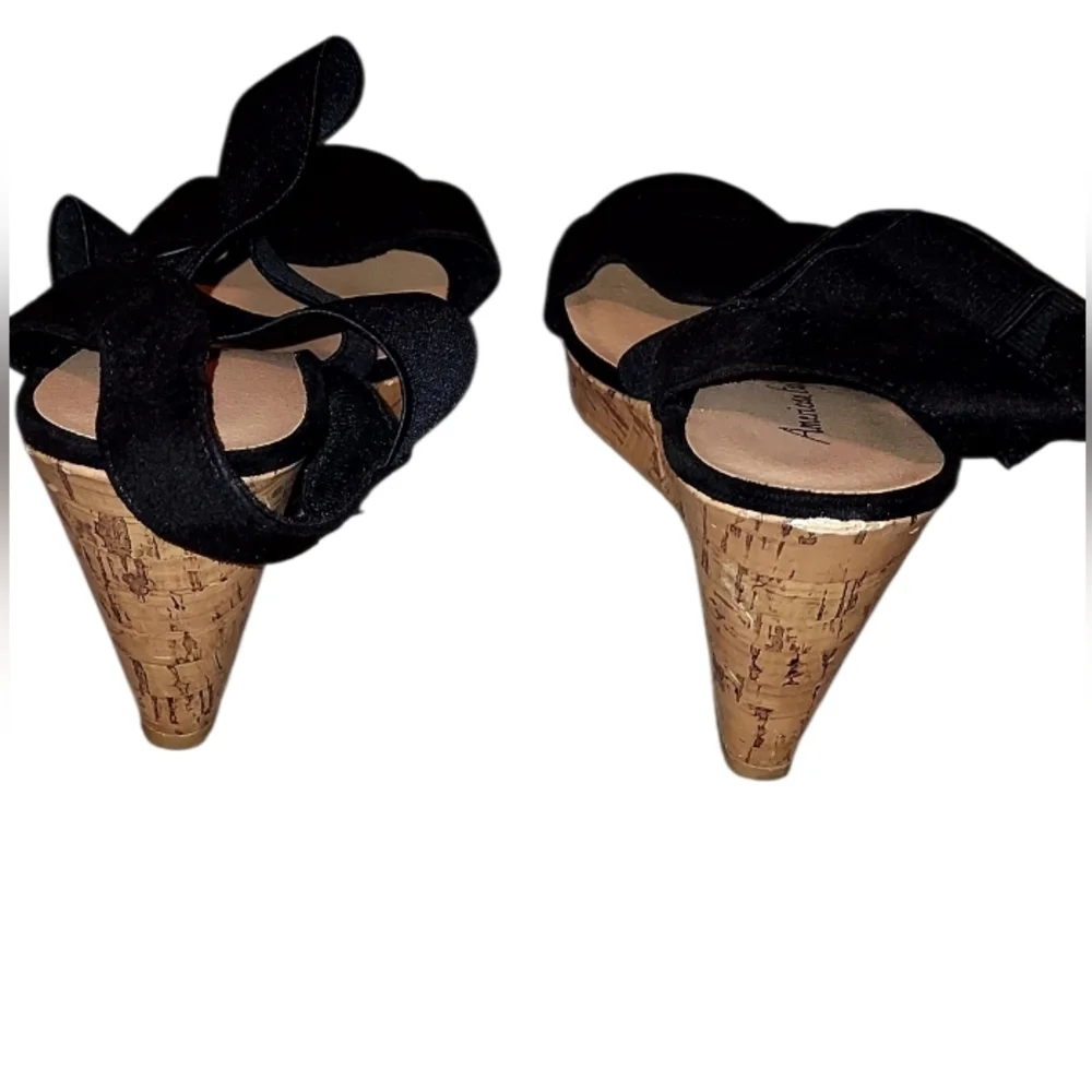 American Eagle Black Cork Wedge Sandals with Crossband Elastic Straps